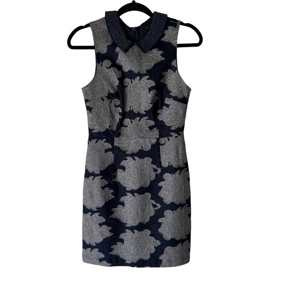 Anthropologie Let‎ Me Be Navy Blue Beaded Collar Dress Size 2 Floral Brocade - Picture 1 of 10